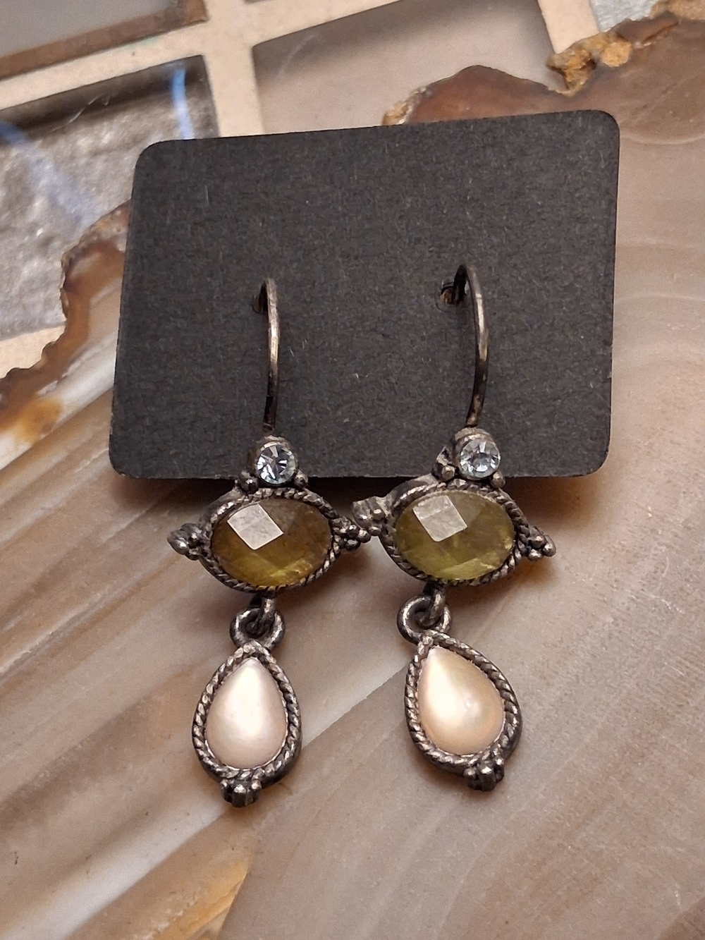 Vintage Sterling  Olive Green and Cream Teardrop Drop Earrings